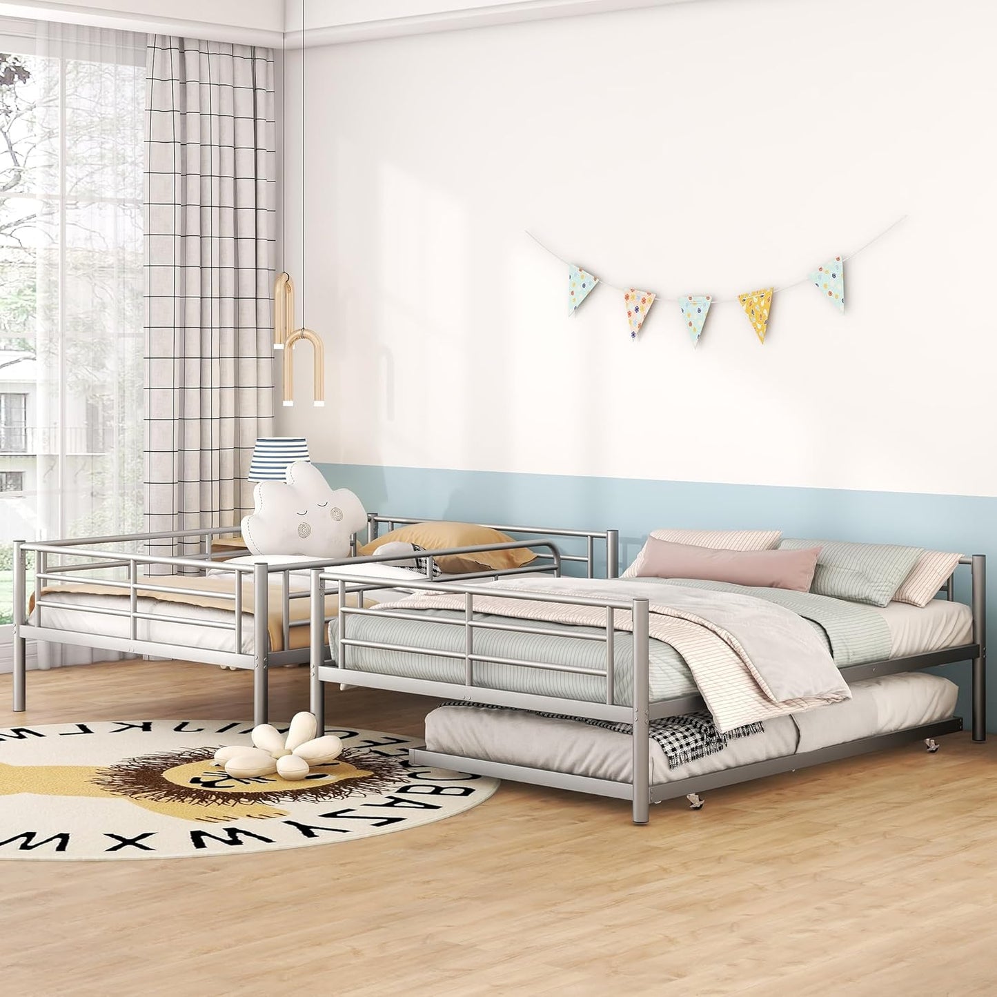 Full XL Over Queen Metal Bunk Bed with Trundle, Sturdy Queen Bed Frame with Full Length Guardrail & Ladder, Convertible to 3 beds, Heavy-Duty Frame Bunk Bed for Kids Teens Adults, White