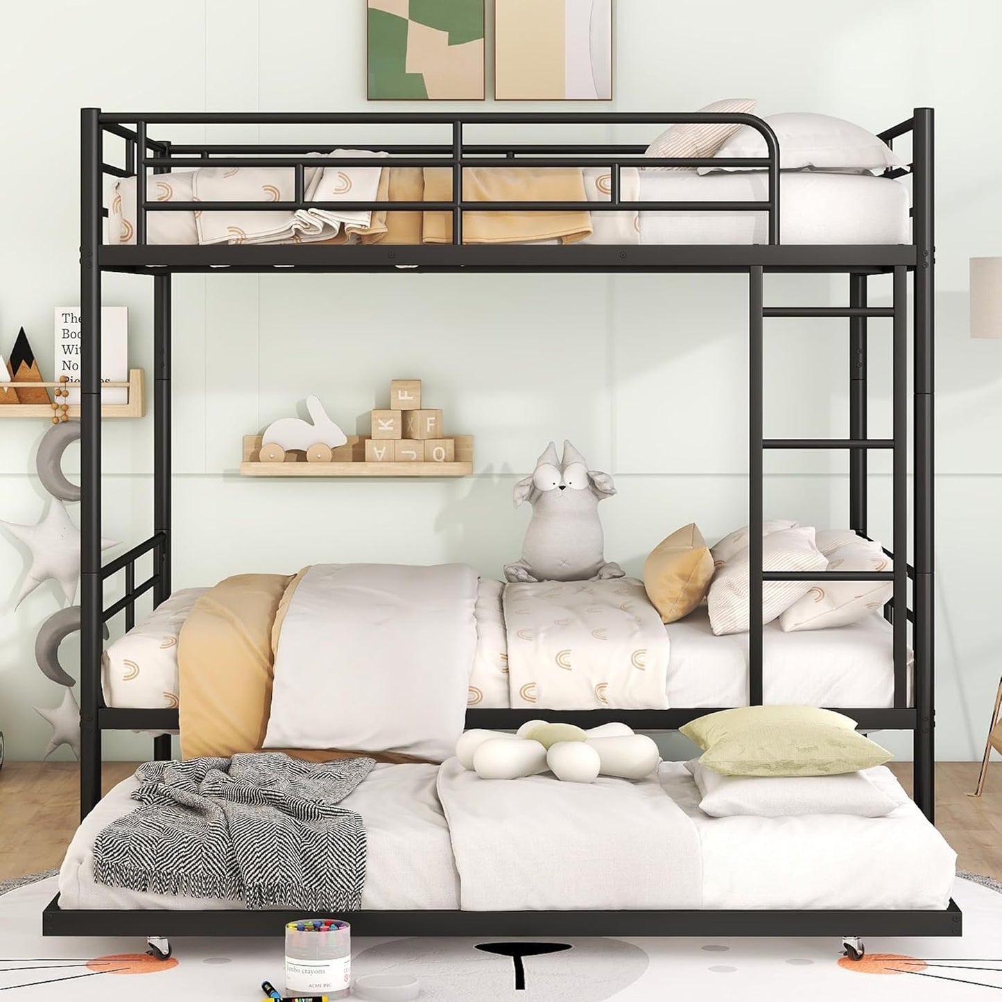 Full XL Over Queen Metal Bunk Bed with Trundle, Sturdy Queen Bed Frame with Full Length Guardrail & Ladder, Convertible to 3 beds, Heavy-Duty Frame Bunk Bed for Kids Teens Adults, White