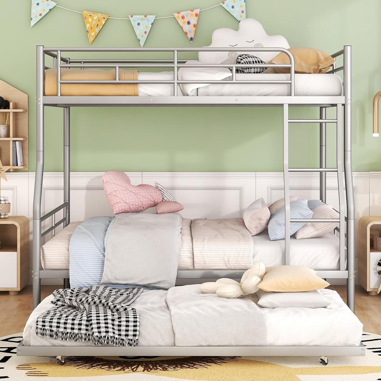 Full XL Over Queen Metal Bunk Bed with Trundle, Sturdy Queen Bed Frame with Full Length Guardrail & Ladder, Convertible to 3 beds, Heavy-Duty Frame Bunk Bed for Kids Teens Adults, White