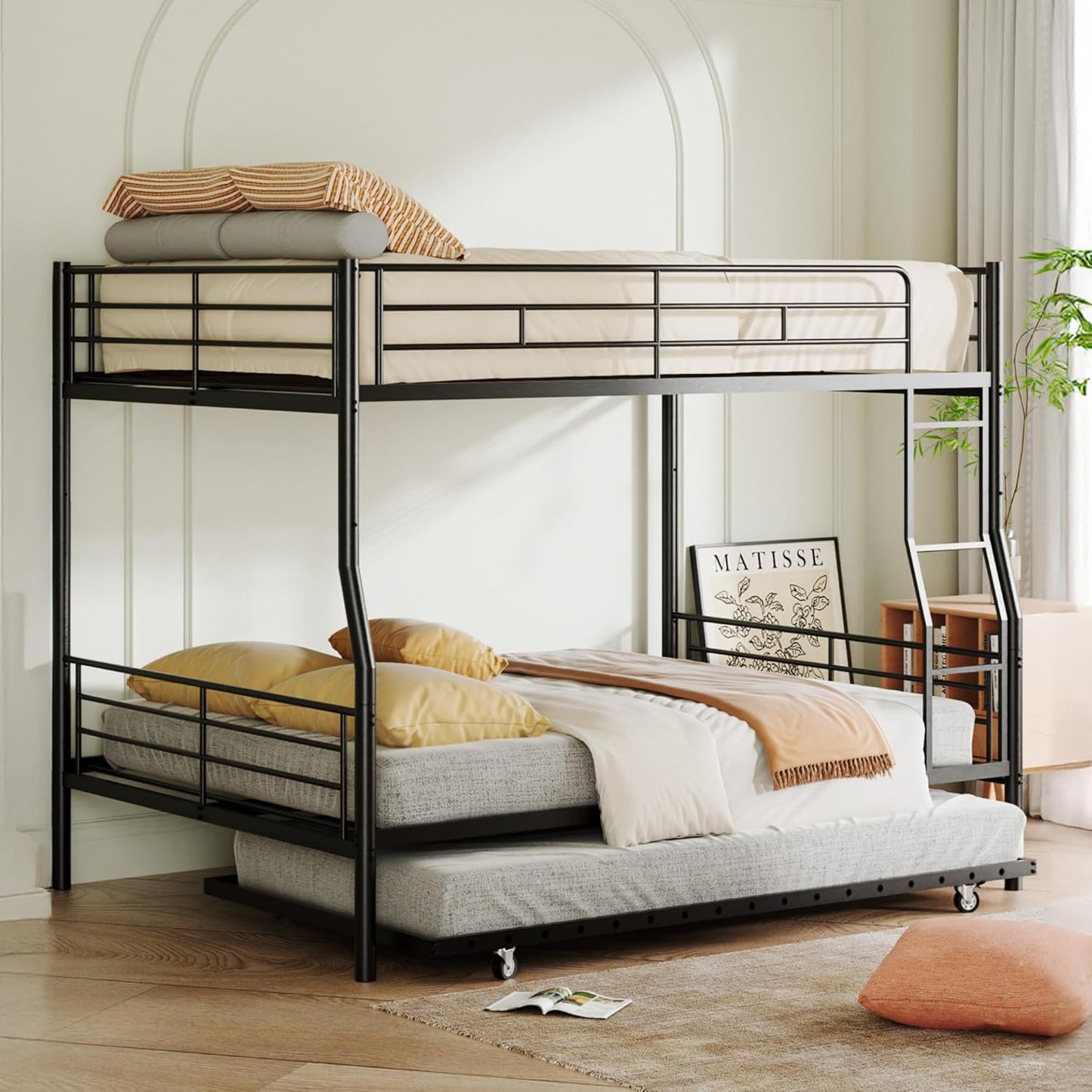 Full XL Over Queen Metal Bunk Bed with Trundle, Sturdy Queen Bed Frame with Full Length Guardrail & Ladder, Convertible to 3 beds, Heavy-Duty Frame Bunk Bed for Kids Teens Adults, White