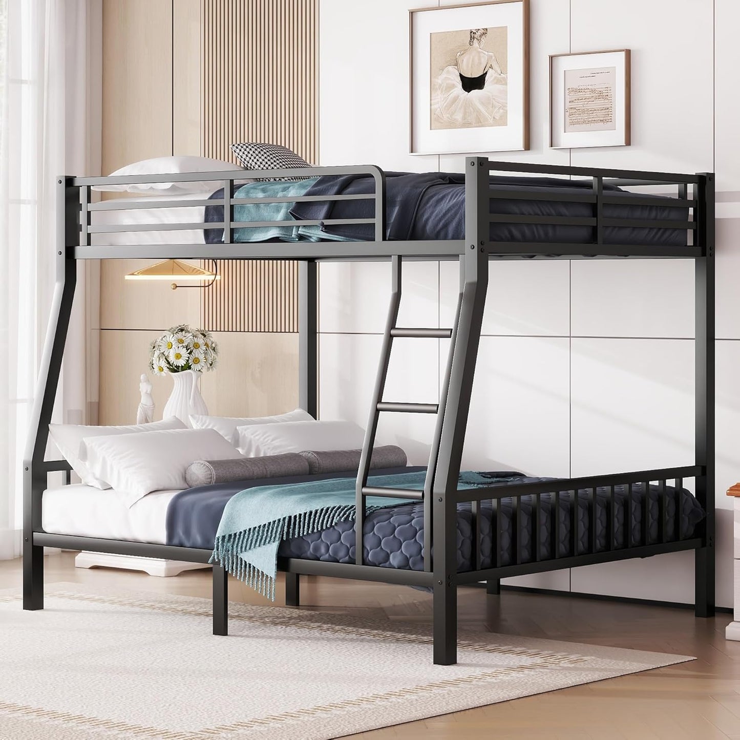 Twin XL Over Queen Metal Bunk Bed with Ladder and Slats Support, Heavy-Duty Metal Bunk Bed Frame with Safety High Guardrails for Adults Teens, Black