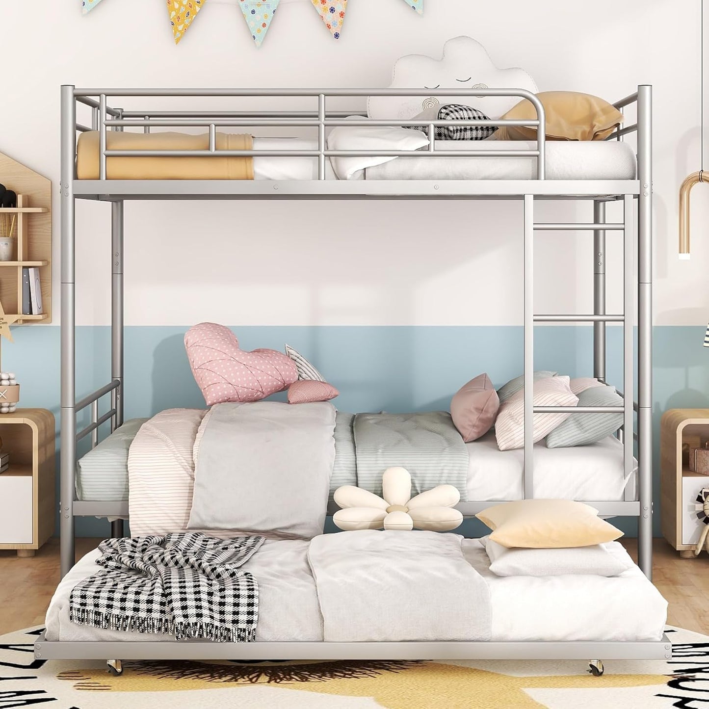 Full XL Over Queen Metal Bunk Bed with Trundle, Sturdy Queen Bed Frame with Full Length Guardrail & Ladder, Convertible to 3 beds, Heavy-Duty Frame Bunk Bed for Kids Teens Adults, White