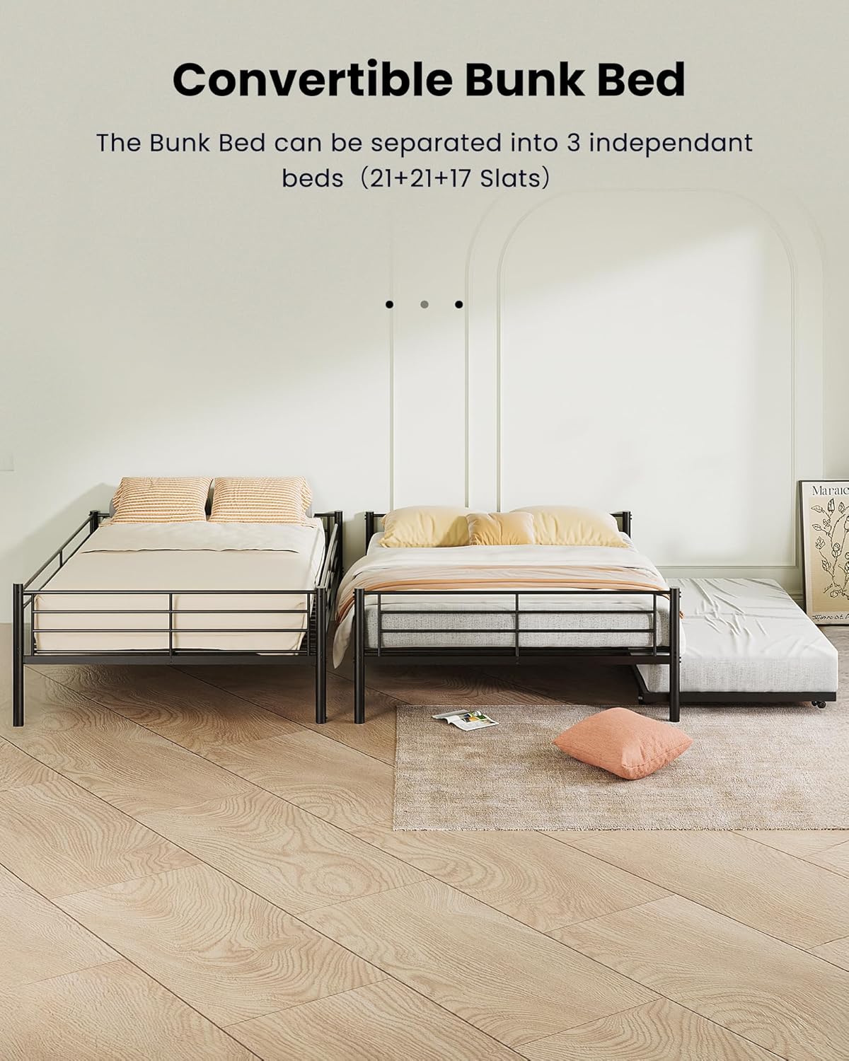 Full XL Over Queen Metal Bunk Bed with Trundle, Sturdy Queen Bed Frame with Full Length Guardrail & Ladder, Convertible to 3 beds, Heavy-Duty Frame Bunk Bed for Kids Teens Adults, White