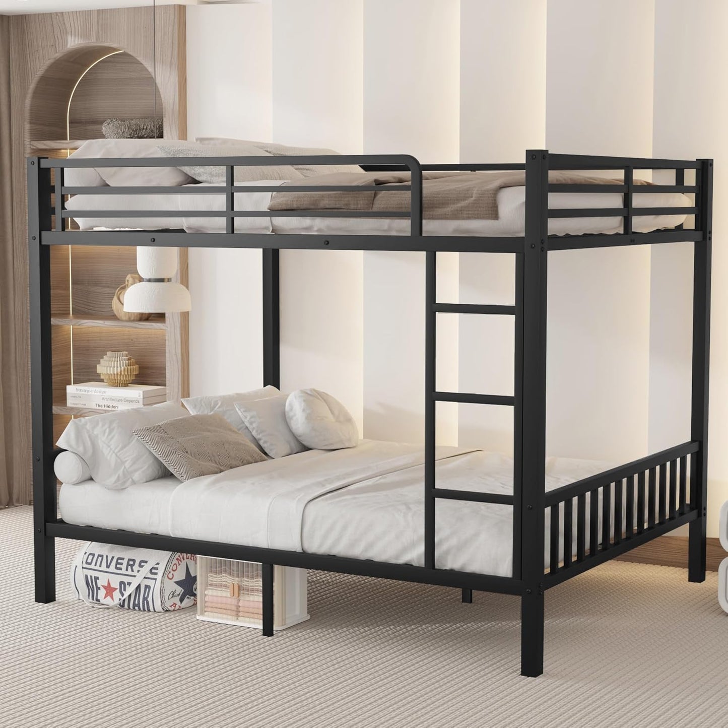 Twin XL Over Queen Metal Bunk Bed with Ladder and Slats Support, Heavy-Duty Metal Bunk Bed Frame with Safety High Guardrails for Adults Teens, Black