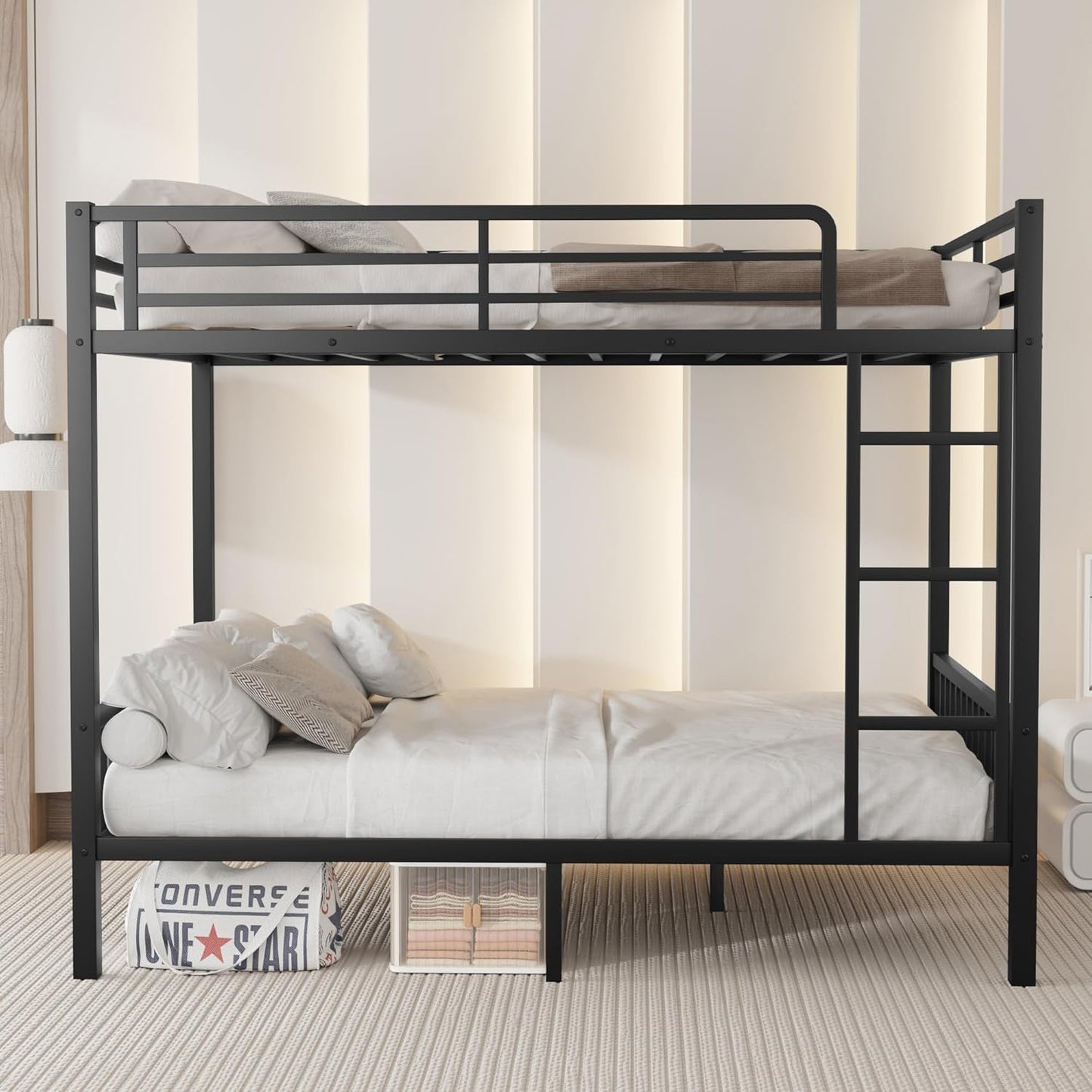 Twin XL Over Queen Metal Bunk Bed with Ladder and Slats Support, Heavy-Duty Metal Bunk Bed Frame with Safety High Guardrails for Adults Teens, Black