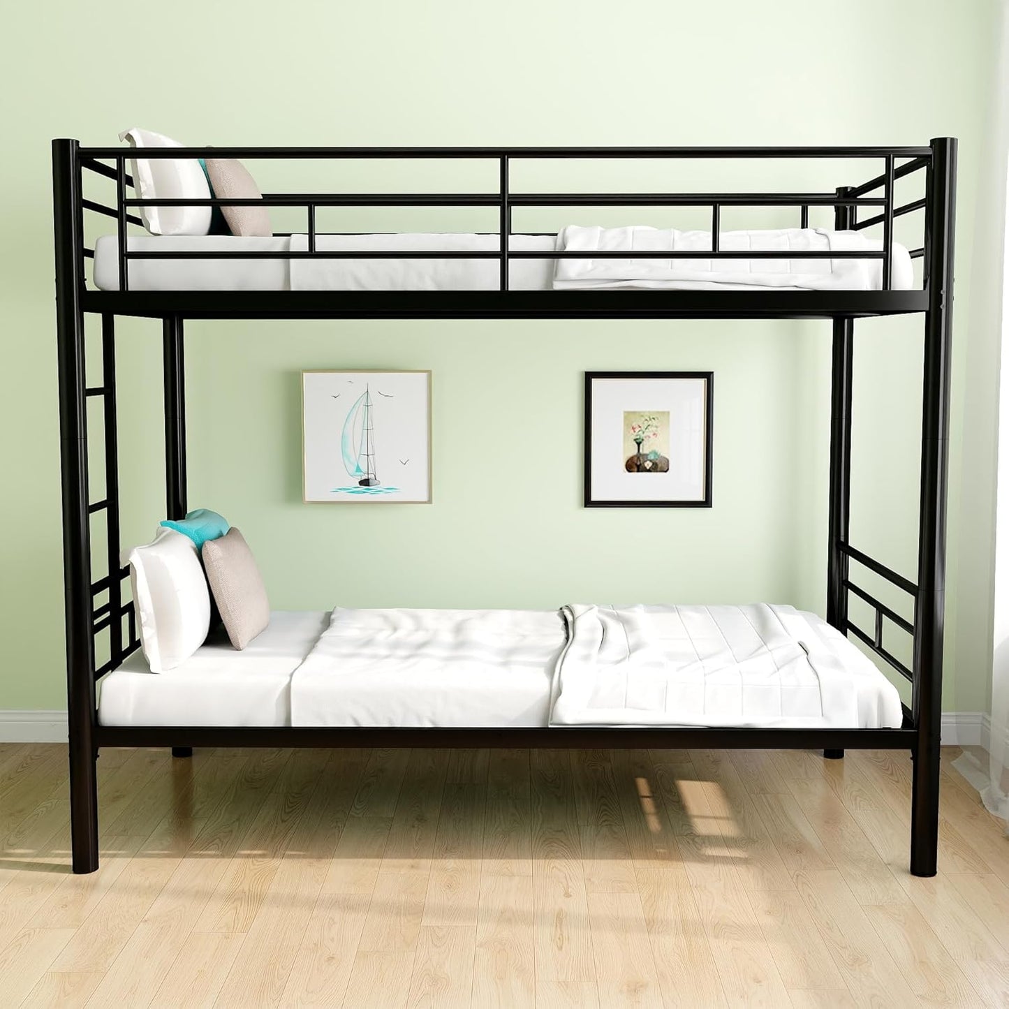 Metal Twin Over Full Bunk Bed, Heavy Duty Bunk Beds with Safety Guardrail and Ladder, Noise Reduction, No Box Spring Needed, Black