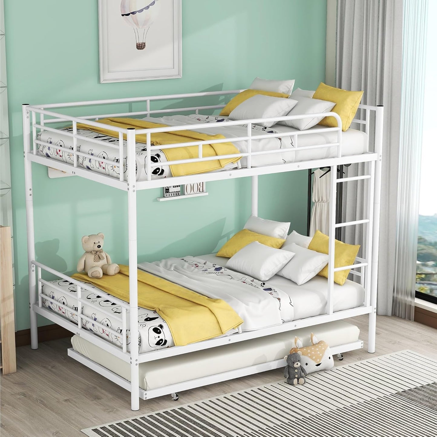 Full XL Over Queen Metal Bunk Bed with Trundle, Sturdy Queen Bed Frame with Full Length Guardrail & Ladder, Convertible to 3 beds, Heavy-Duty Frame Bunk Bed for Kids Teens Adults, White