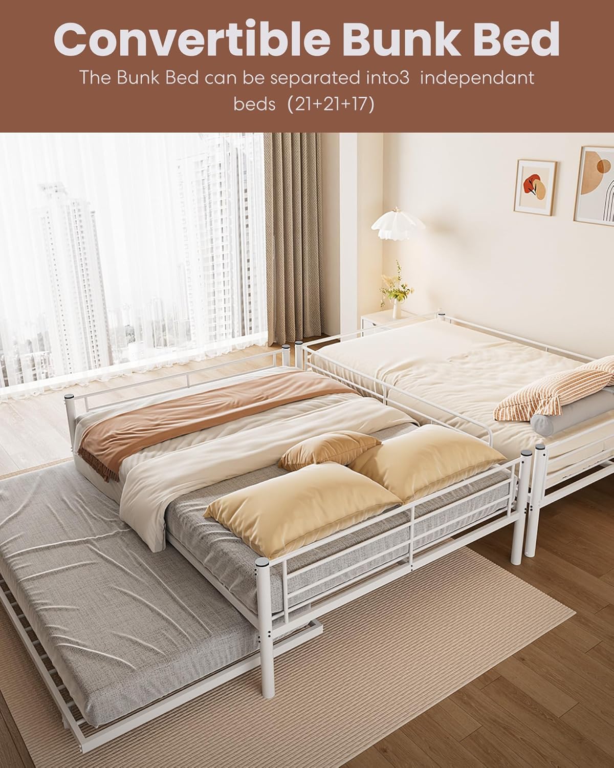 Full XL Over Queen Metal Bunk Bed with Trundle, Sturdy Queen Bed Frame with Full Length Guardrail & Ladder, Convertible to 3 beds, Heavy-Duty Frame Bunk Bed for Kids Teens Adults, White