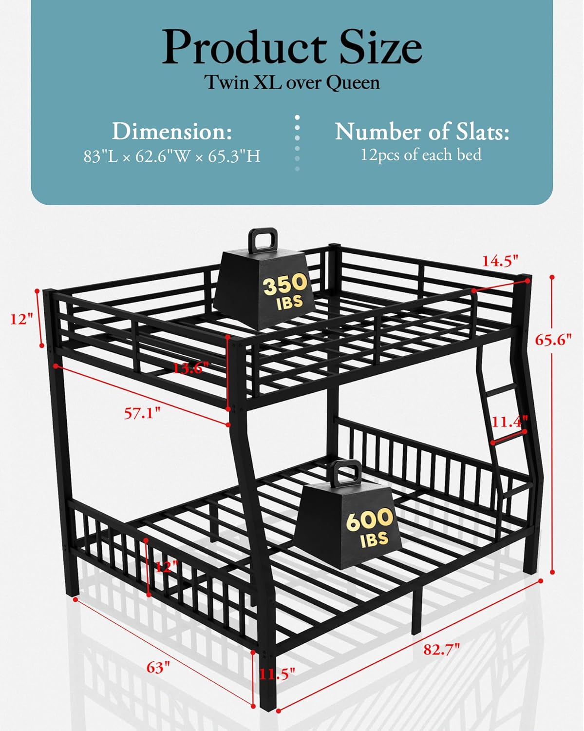 Twin XL Over Queen Metal Bunk Bed with Ladder and Slats Support, Heavy-Duty Metal Bunk Bed Frame with Safety High Guardrails for Adults Teens, Black