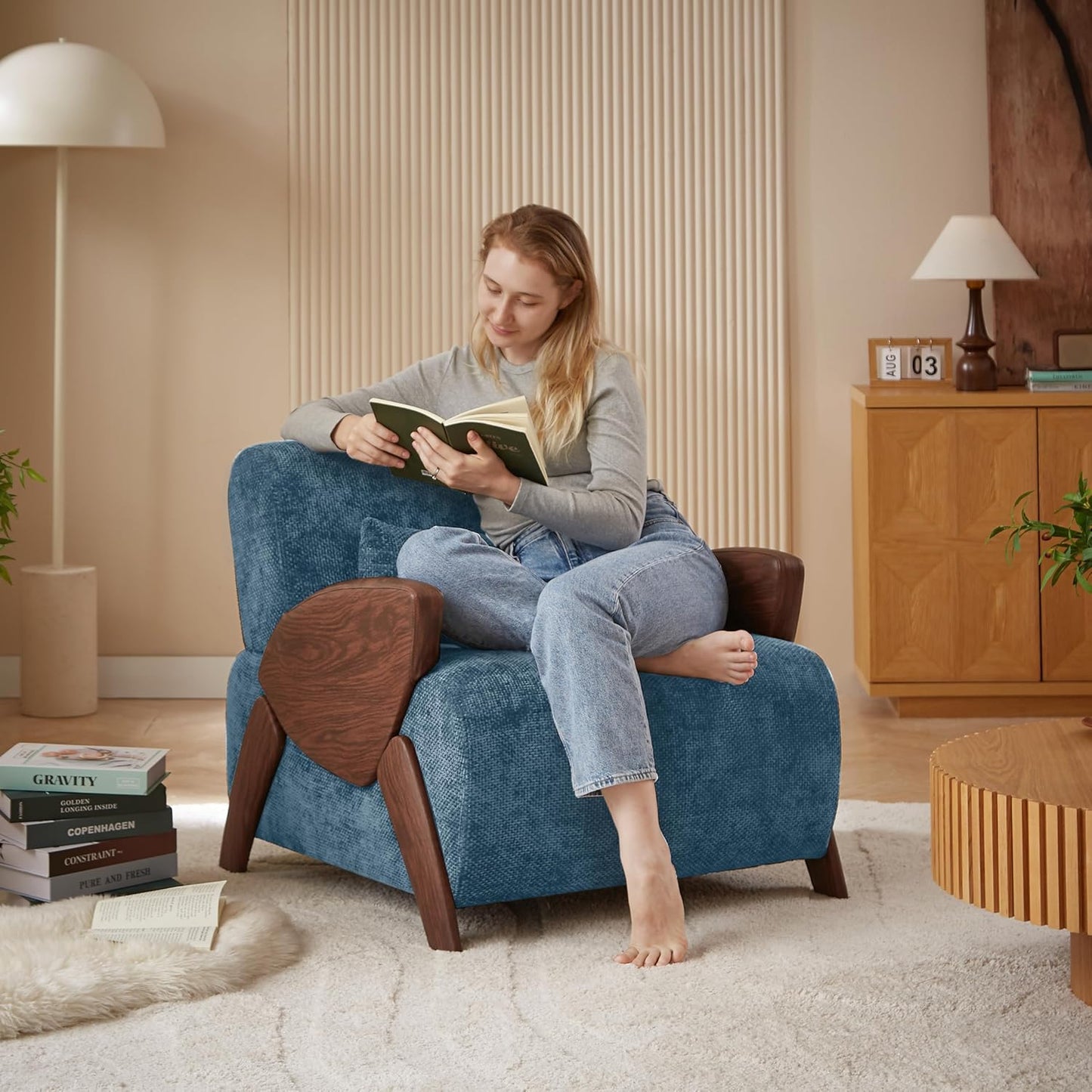 Modern Accent Armchair with Plush Cushioning, Cute Design Reading Chair for Adults, Kids, Ideal Chenille Blue