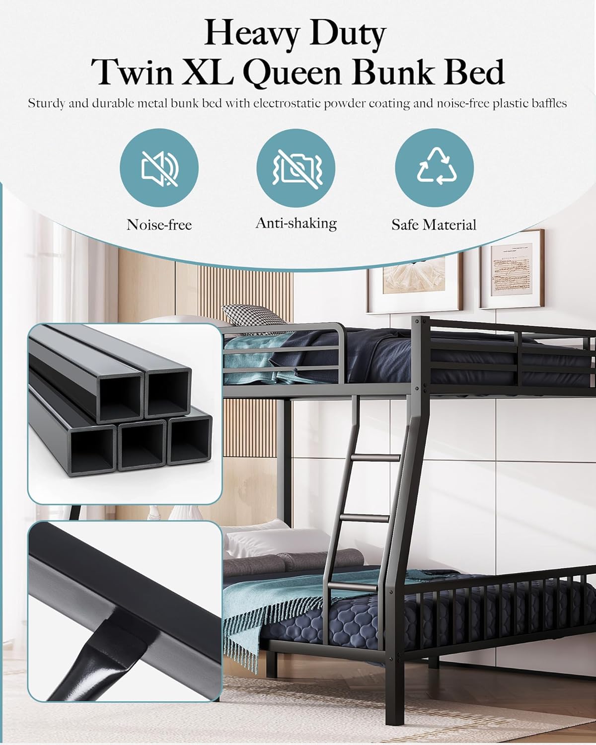 Twin XL Over Queen Metal Bunk Bed with Ladder and Slats Support, Heavy-Duty Metal Bunk Bed Frame with Safety High Guardrails for Adults Teens, Black