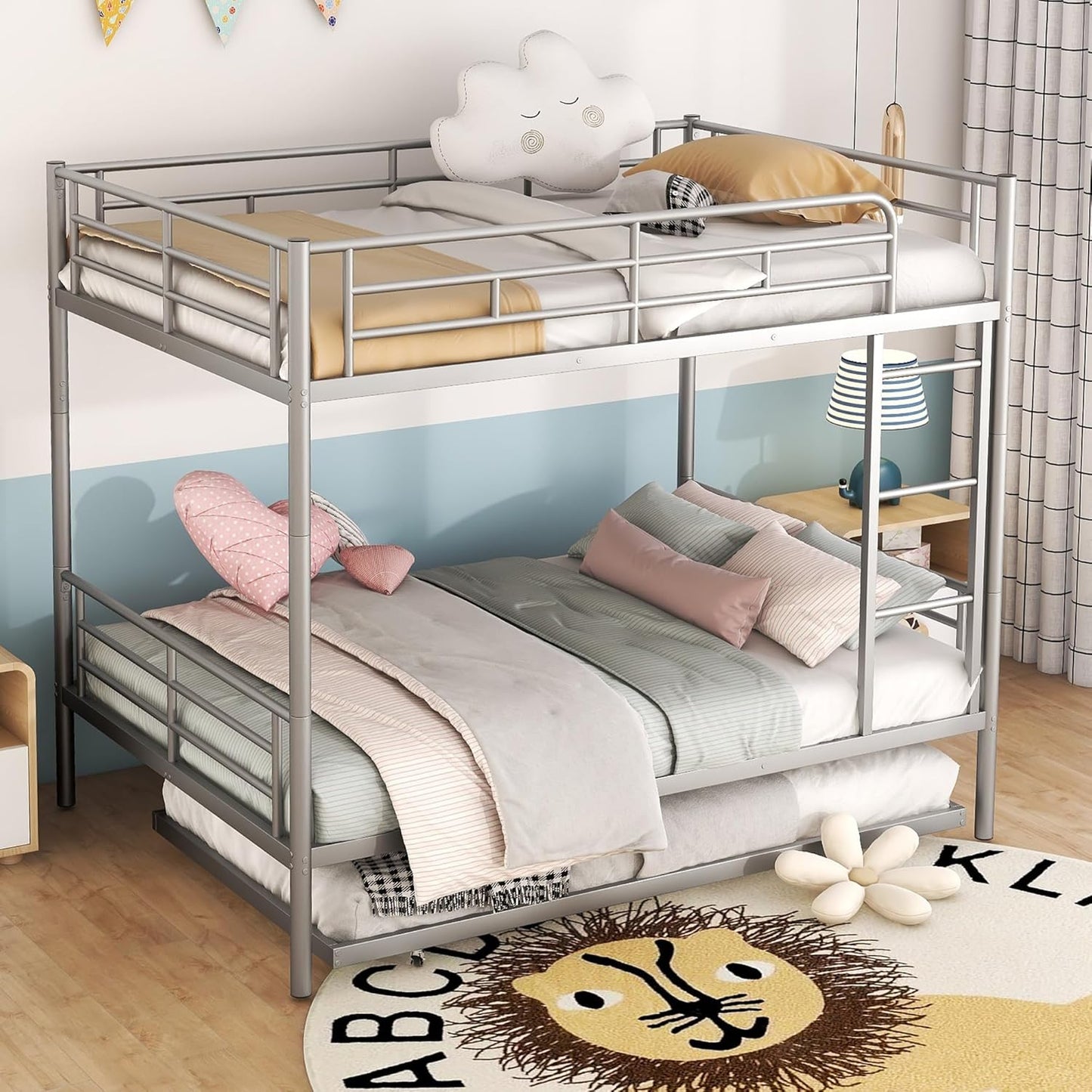 Full XL Over Queen Metal Bunk Bed with Trundle, Sturdy Queen Bed Frame with Full Length Guardrail & Ladder, Convertible to 3 beds, Heavy-Duty Frame Bunk Bed for Kids Teens Adults, White