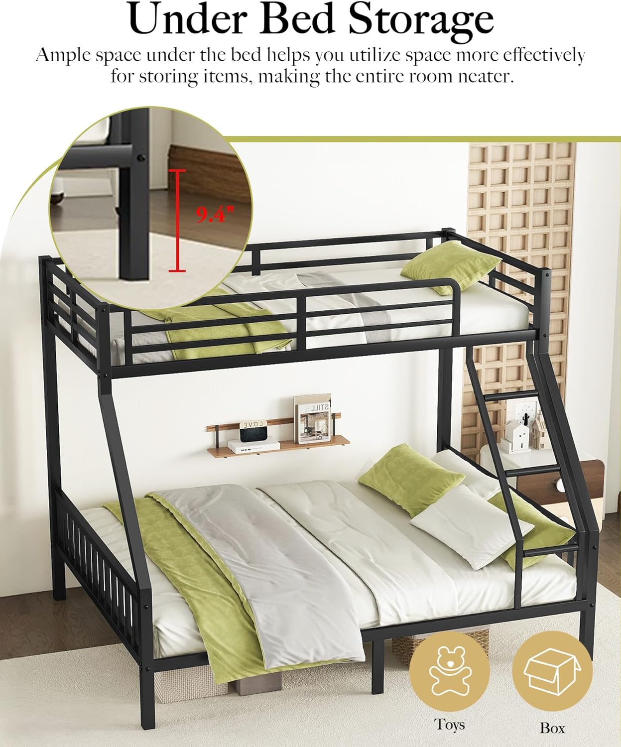 Twin XL Over Queen Metal Bunk Bed with Ladder and Slats Support, Heavy-Duty Metal Bunk Bed Frame with Safety High Guardrails for Adults Teens, Black
