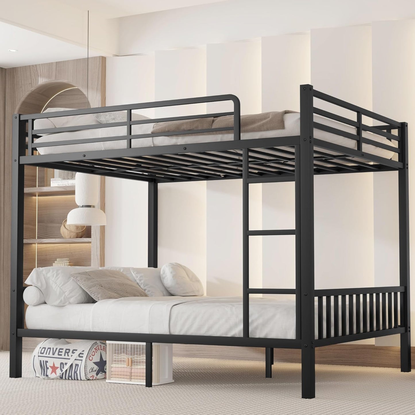 Twin XL Over Queen Metal Bunk Bed with Ladder and Slats Support, Heavy-Duty Metal Bunk Bed Frame with Safety High Guardrails for Adults Teens, Black