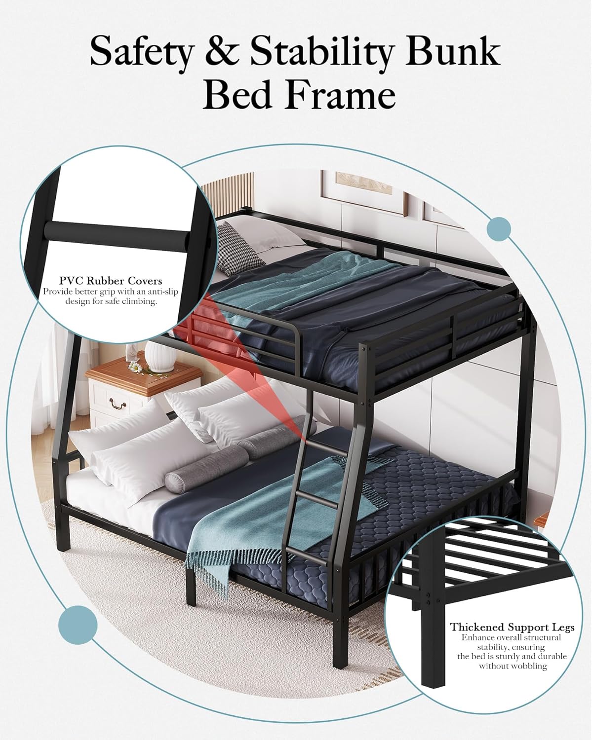 Twin XL Over Queen Metal Bunk Bed with Ladder and Slats Support, Heavy-Duty Metal Bunk Bed Frame with Safety High Guardrails for Adults Teens, Black