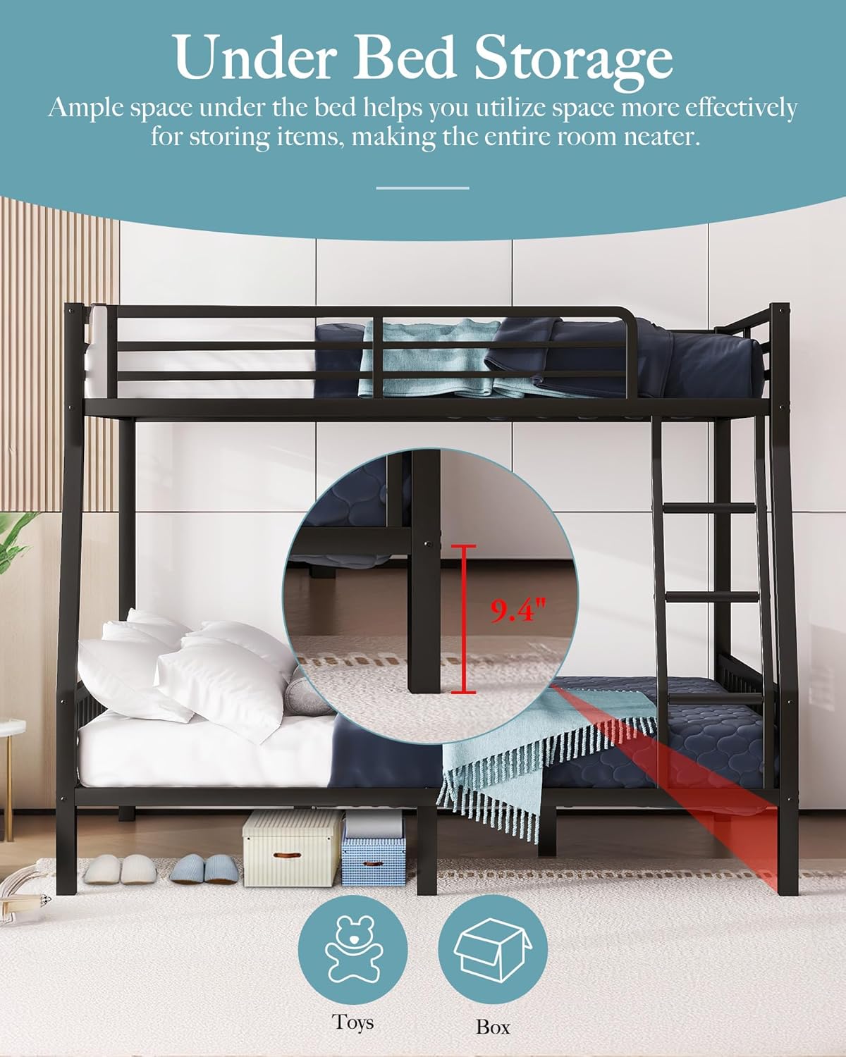 Twin XL Over Queen Metal Bunk Bed with Ladder and Slats Support, Heavy-Duty Metal Bunk Bed Frame with Safety High Guardrails for Adults Teens, Black