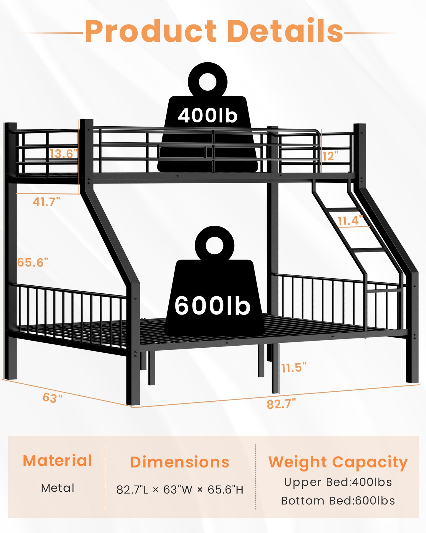 Twin XL Over Queen Bunk Bed, Heavy Duty Bunk Bed with PVC Rubber Cover Ladder and Full-Length Guardrails, Metal Queen Bed Frame with Slats Support for Adults, Teens, Kids, Black