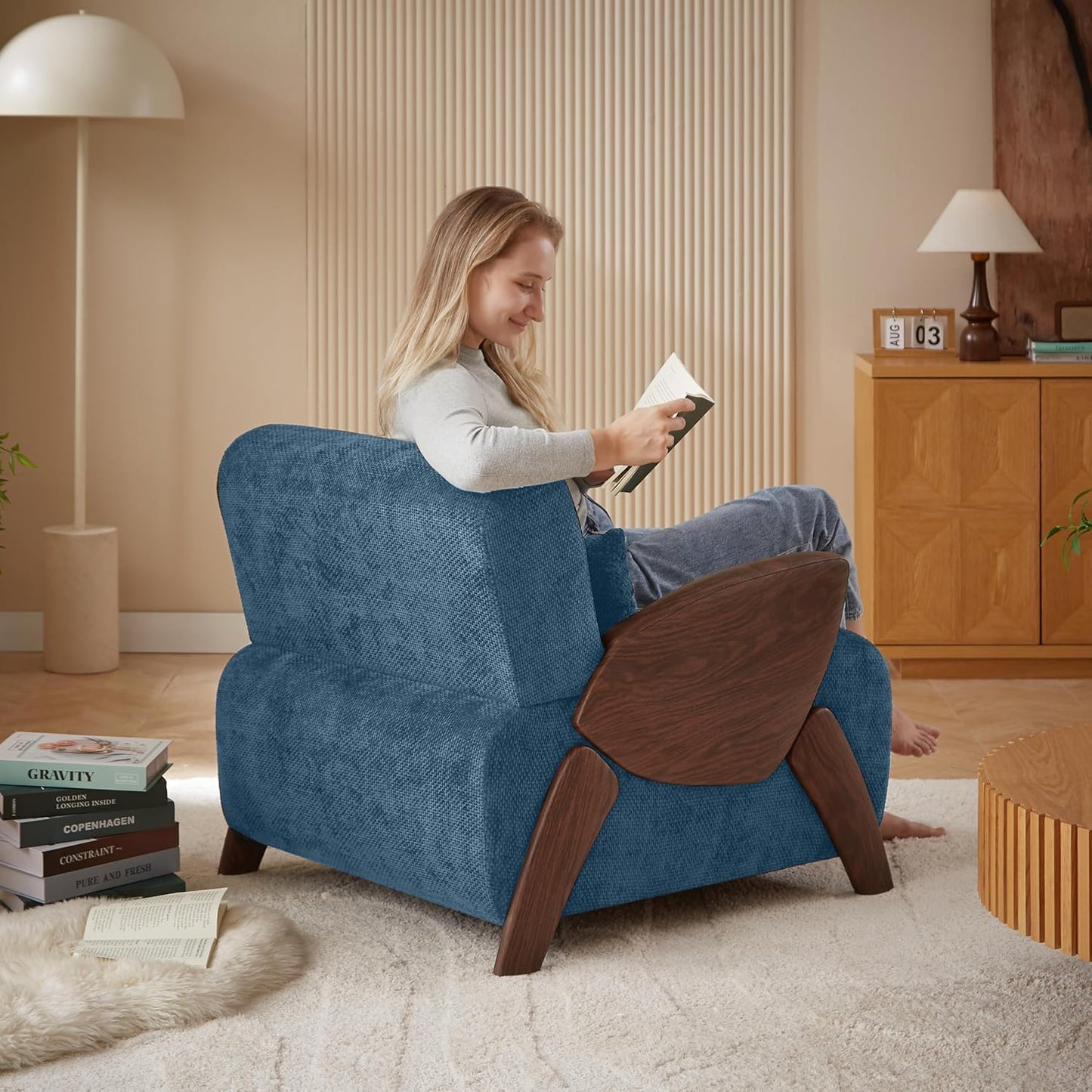 Modern Accent Armchair with Plush Cushioning, Cute Design Reading Chair for Adults, Kids, Ideal Chenille Blue