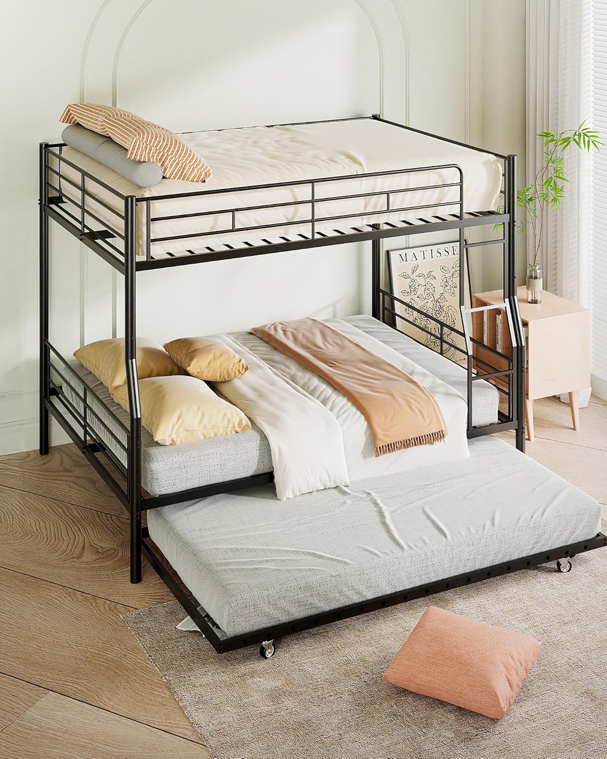 Full XL Over Queen Metal Bunk Bed with Trundle, Sturdy Queen Bed Frame with Full Length Guardrail & Ladder, Convertible to 3 beds, Heavy-Duty Frame Bunk Bed for Kids Teens Adults, White
