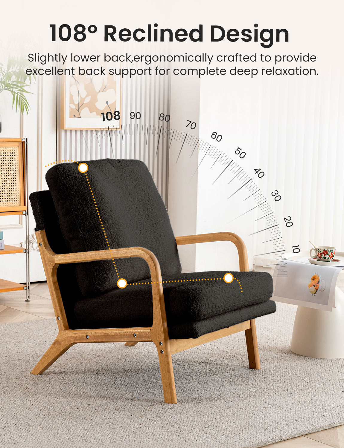 New Cozy Sherpa Accent Chairs for Living Room, 23” Wide Comfy Small Bedroom Reading Chair ,108° Recliner Lounge Arm Chair Mid Century Modern Armchair Compressed, Detachable Cover, Double Cushion