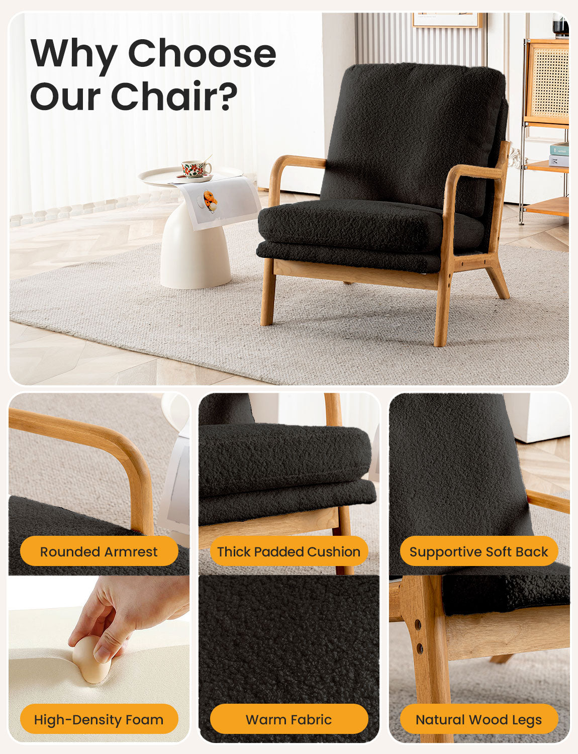 New Cozy Sherpa Accent Chairs for Living Room, 23” Wide Comfy Small Bedroom Reading Chair ,108° Recliner Lounge Arm Chair Mid Century Modern Armchair Compressed, Detachable Cover, Double Cushion