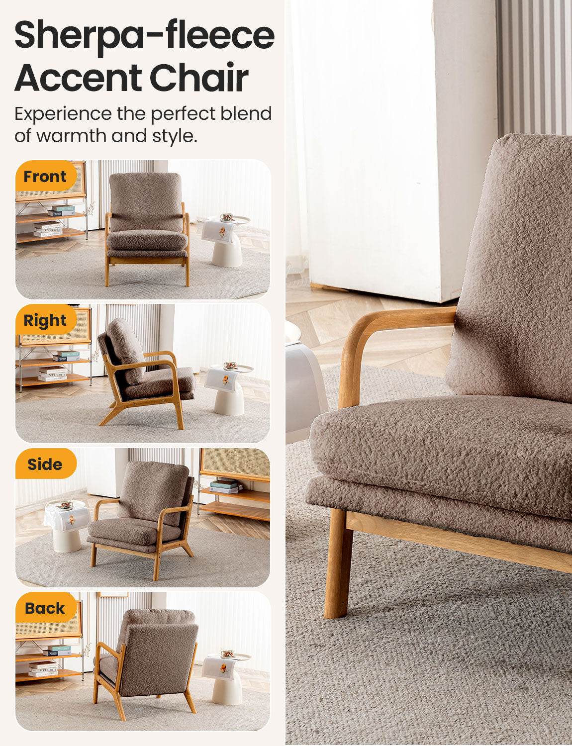 New Cozy Sherpa Accent Chairs for Living Room, 23” Wide Comfy Small Bedroom Reading Chair ,108° Recliner Lounge Arm Chair Mid Century Modern Armchair Compressed, Detachable Cover, Double Cushion (Copy)