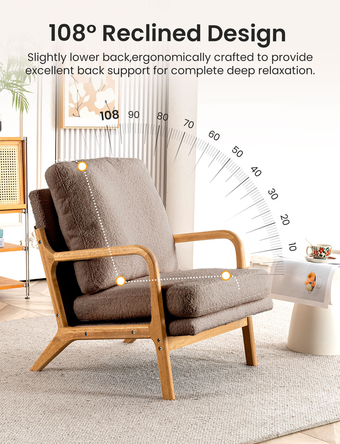 New Cozy Sherpa Accent Chairs for Living Room, 23” Wide Comfy Small Bedroom Reading Chair ,108° Recliner Lounge Arm Chair Mid Century Modern Armchair Compressed, Detachable Cover, Double Cushion (Copy)