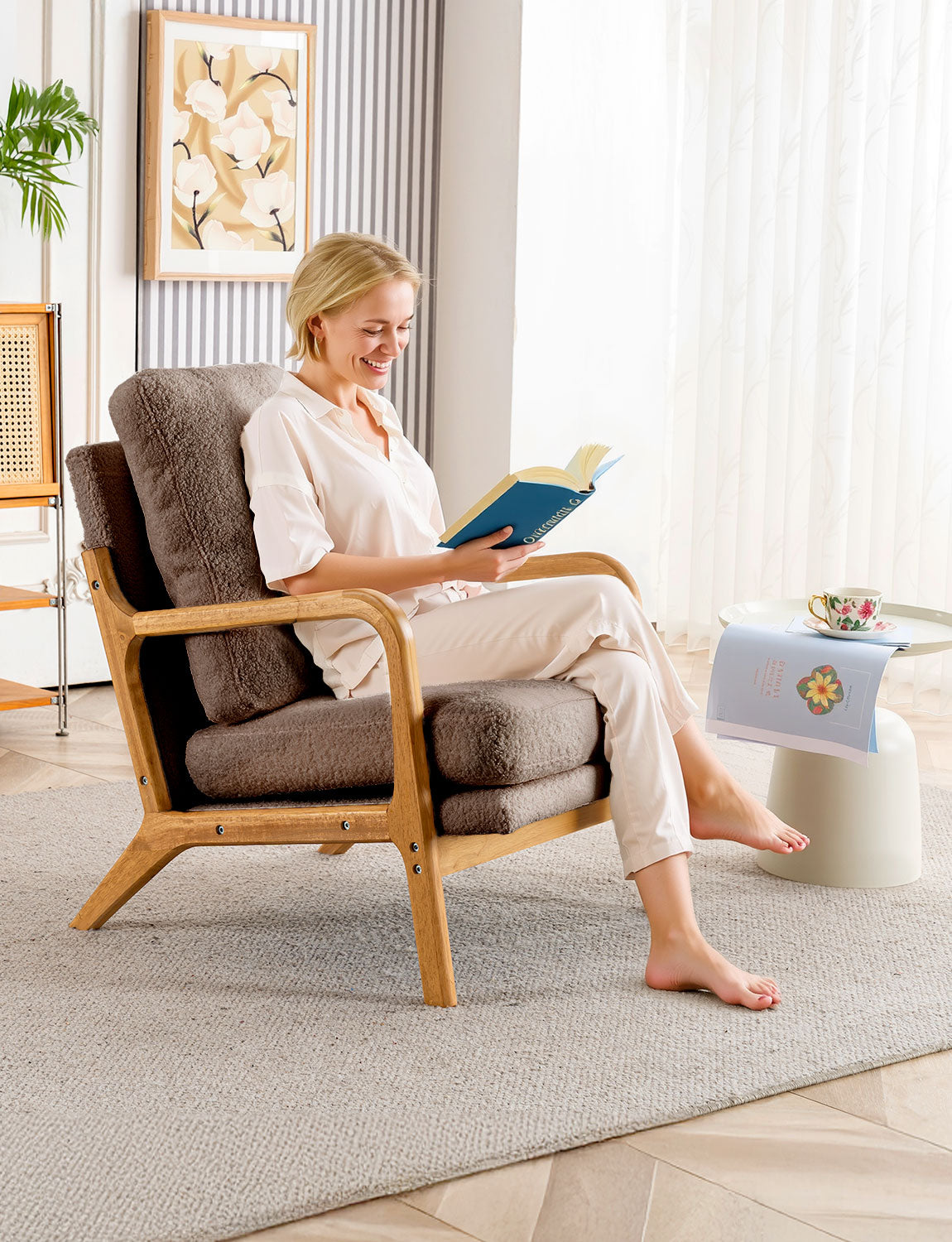 New Cozy Sherpa Accent Chairs for Living Room, 23” Wide Comfy Small Bedroom Reading Chair ,108° Recliner Lounge Arm Chair Mid Century Modern Armchair Compressed, Detachable Cover, Double Cushion (Copy)