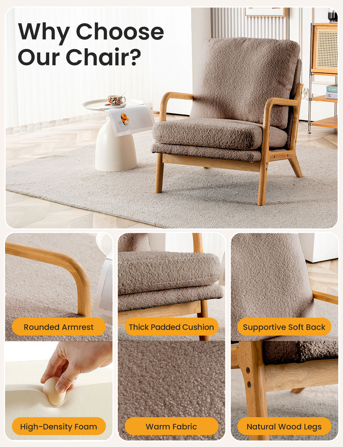 New Cozy Sherpa Accent Chairs for Living Room, 23” Wide Comfy Small Bedroom Reading Chair ,108° Recliner Lounge Arm Chair Mid Century Modern Armchair Compressed, Detachable Cover, Double Cushion (Copy)