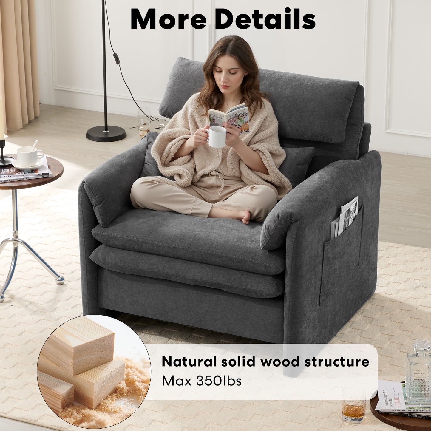 Oversized Single Sofa Chair, 36”W Oversized Accent Chairs, Modern Upholstered Deep Seat Comfy Armchair with Throw Pillow for Living Room Bedroom Office Apartment