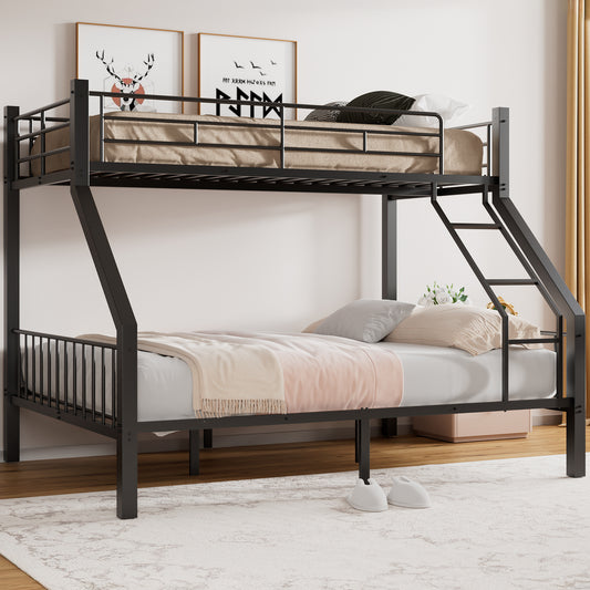 Twin XL Over Queen Bunk Bed, Heavy Duty Bunk Bed with PVC Rubber Cover Ladder and Full-Length Guardrails, Metal Queen Bed Frame with Slats Support for Adults, Teens, Kids, Black