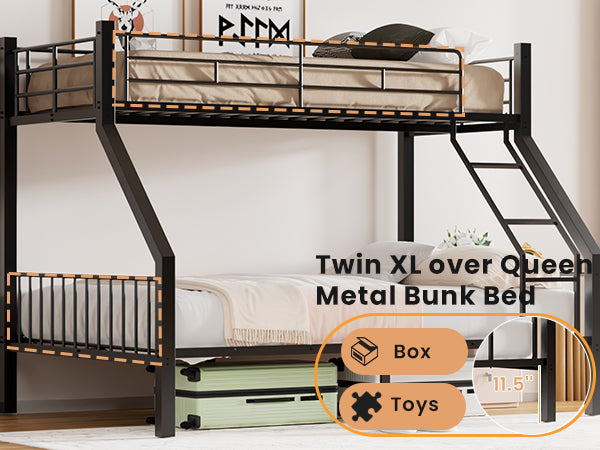 Twin XL Over Queen Bunk Bed, Heavy Duty Bunk Bed with PVC Rubber Cover Ladder and Full-Length Guardrails, Metal Queen Bed Frame with Slats Support for Adults, Teens, Kids, Black