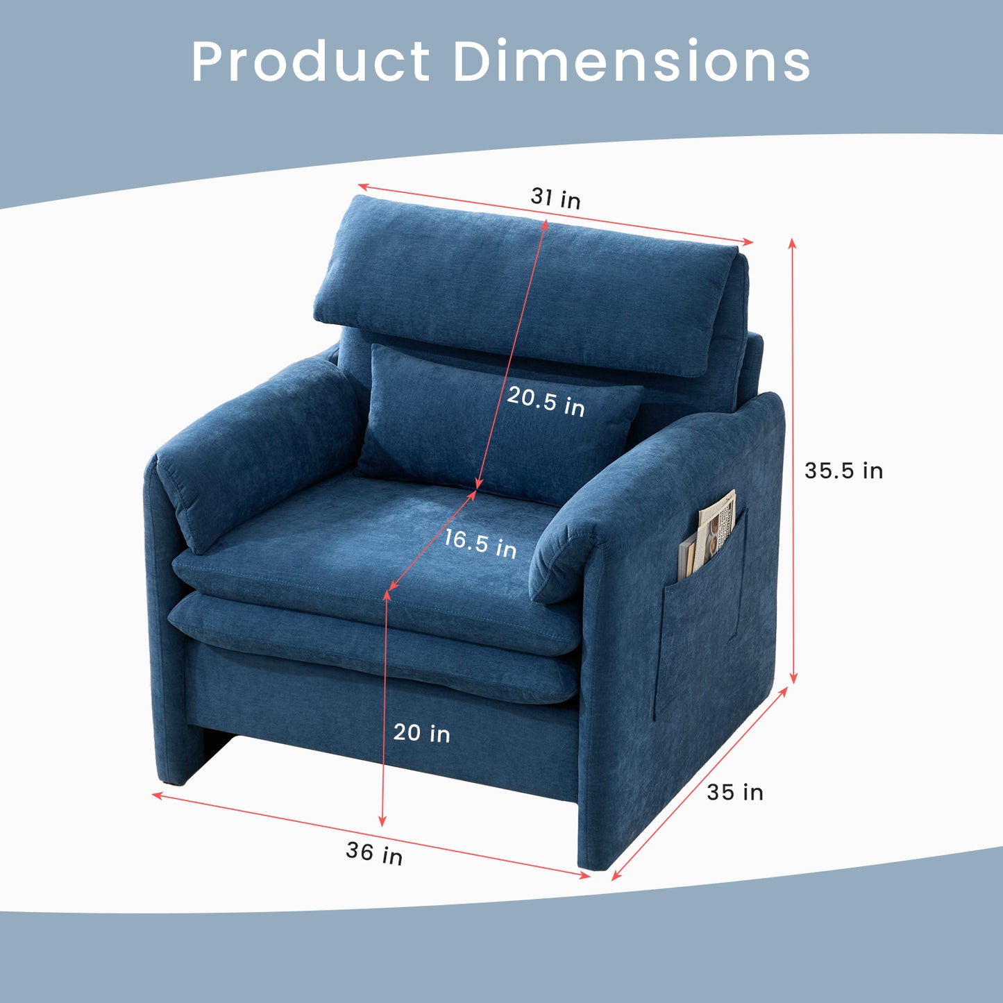 Oversized Single Sofa Chair, 36”W Oversized Accent Chairs, Modern Upholstered Deep Seat Comfy Armchair with Throw Pillow for Living Room Bedroom Office Apartment