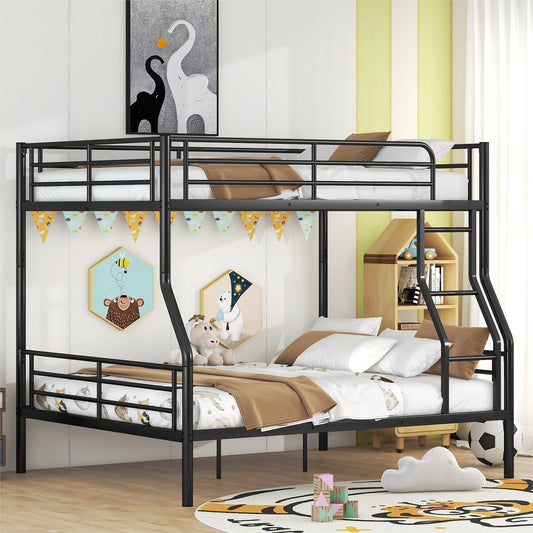 Metal Full XL Over Queen Bunk Beds, Heavy-Duty Bunk Bed with Ladder and High Guardrail, Convertible into Two Beds for Kids Teens Girls Boys, Black