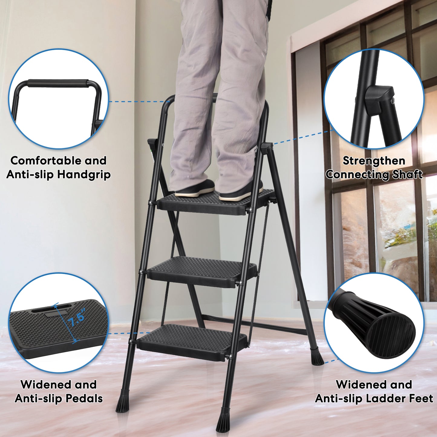 Miscoos Folding Step Stool, 3 Step Ladder