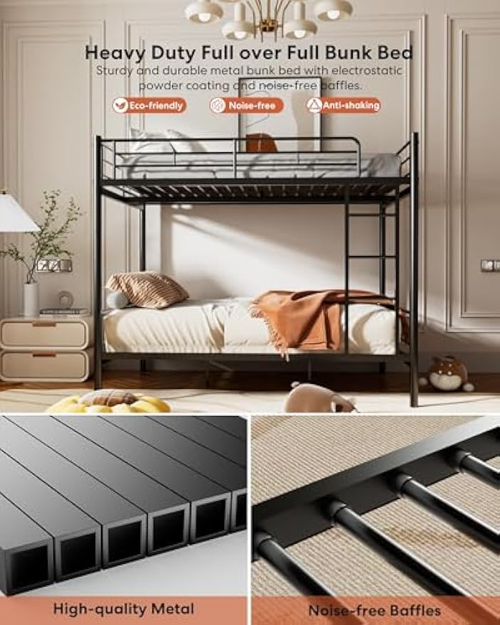 Full Over Full Metal Bunk Bed for Kids, Convertible into 2 Separate Full Beds, Heavy Duty Bunk Bed Frame with High Guardrail and Built-in Ladder, No Box Spring Needed, Noise Free, Black