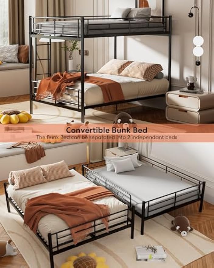 Full Over Full Metal Bunk Bed for Kids, Convertible into 2 Separate Full Beds, Heavy Duty Bunk Bed Frame with High Guardrail and Built-in Ladder, No Box Spring Needed, Noise Free, Black