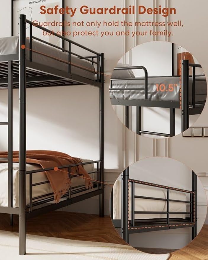 Full Over Full Metal Bunk Bed for Kids, Convertible into 2 Separate Full Beds, Heavy Duty Bunk Bed Frame with High Guardrail and Built-in Ladder, No Box Spring Needed, Noise Free, Black