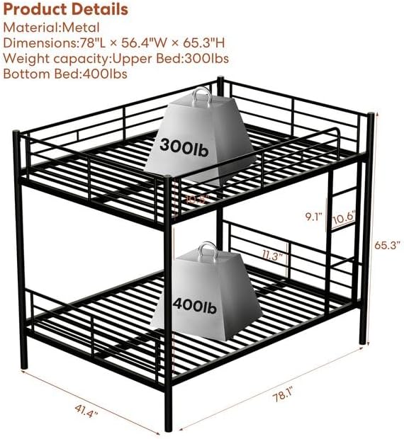 Metal Bunk Bed Twin Over Twin with Ladder and Full-Length Guardrail, Heavy Duty Bed Frame, Convertible Twin Bunk Beds into 2 Individual for Kids Teen Adults, Black