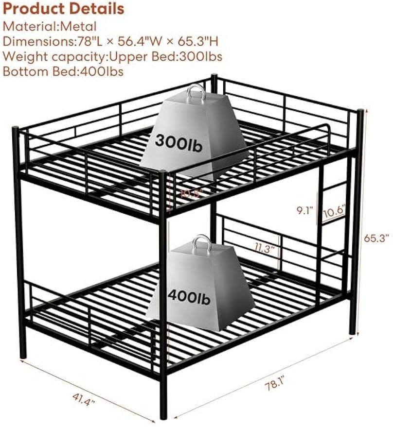 Full Over Full Metal Bunk Bed for Kids, Convertible into 2 Separate Full Beds, Heavy Duty Bunk Bed Frame with High Guardrail and Built-in Ladder, No Box Spring Needed, Noise Free, Black