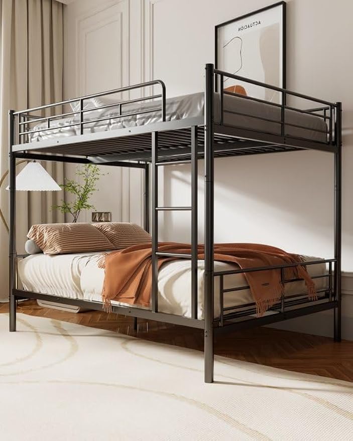 Full Over Full Metal Bunk Bed for Kids, Convertible into 2 Separate Full Beds, Heavy Duty Bunk Bed Frame with High Guardrail and Built-in Ladder, No Box Spring Needed, Noise Free, Black