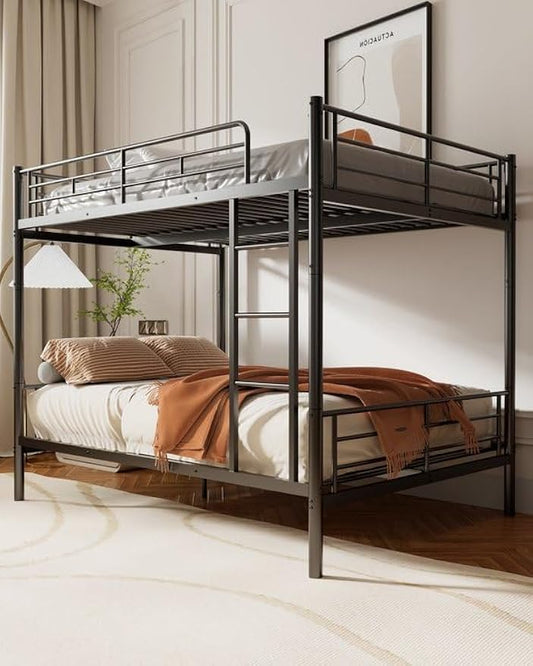 Full Over Full Metal Bunk Bed for Kids, Convertible into 2 Separate Full Beds, Heavy Duty Bunk Bed Frame with High Guardrail and Built-in Ladder, No Box Spring Needed, Noise Free, Black