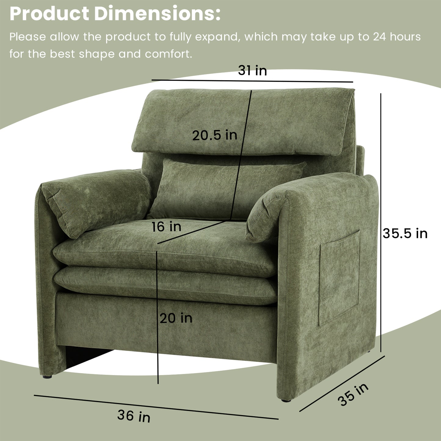 Oversized Single Sofa Chair, 36”W Oversized Accent Chairs, Modern Upholstered Deep Seat Comfy Armchair with Throw Pillow for Living Room Bedroom Office Apartment