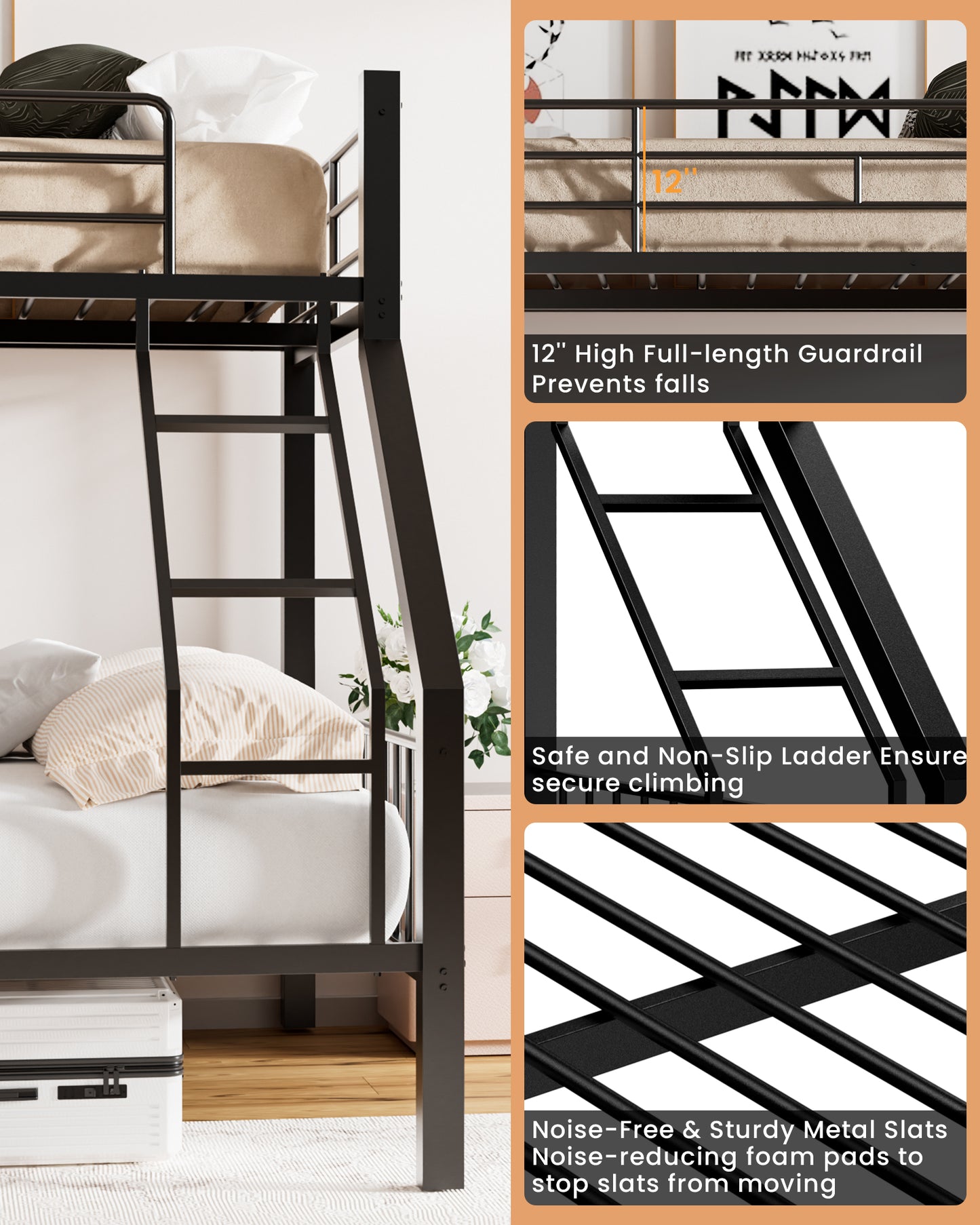 Twin XL Over Queen Bunk Bed, Heavy Duty Bunk Bed with PVC Rubber Cover Ladder and Full-Length Guardrails, Metal Queen Bed Frame with Slats Support for Adults, Teens, Kids, Black