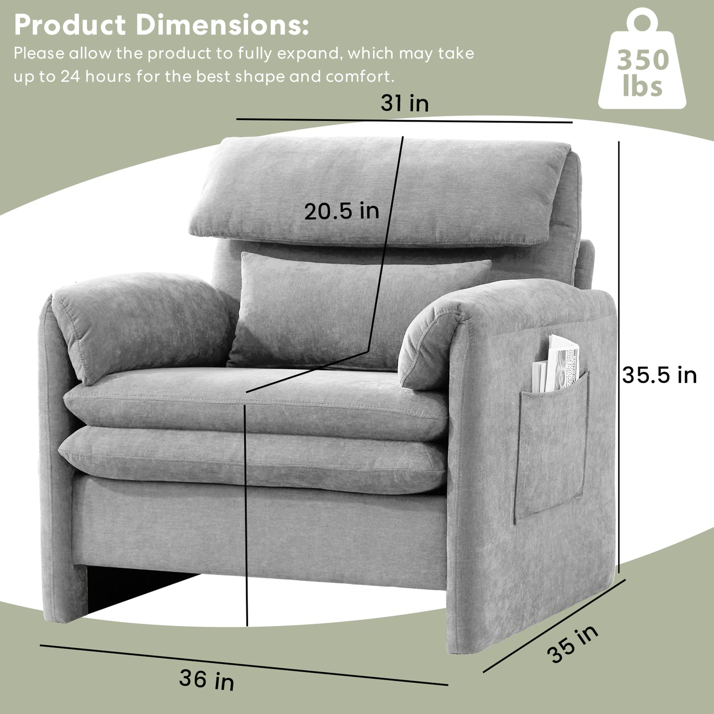 Oversized Single Sofa Chair, 36”W Oversized Accent Chairs, Modern Upholstered Deep Seat Comfy Armchair with Throw Pillow for Living Room Bedroom Office Apartment