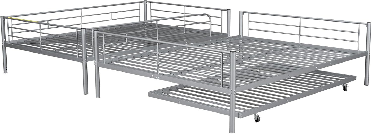 Full XL Over Queen Metal Bunk Bed with Trundle, Sturdy Queen Bed Frame with Full Length Guardrail & Ladder, Convertible to 3 beds, Heavy-Duty Frame Bunk Bed for Kids Teens Adults, White