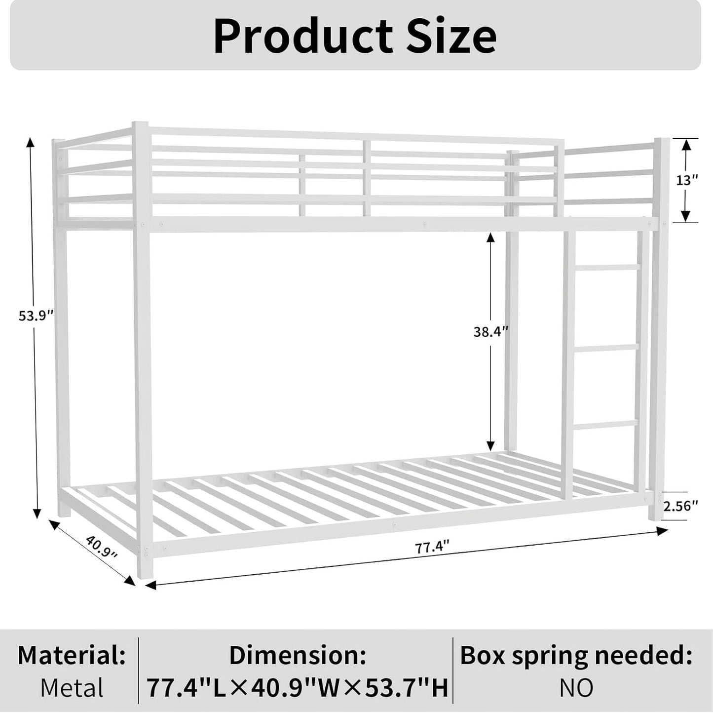 Metal Twin Over Full Bunk Bed, Heavy Duty Bunk Beds with Safety Guardrail and Ladder, Noise Reduction, No Box Spring Needed, Black