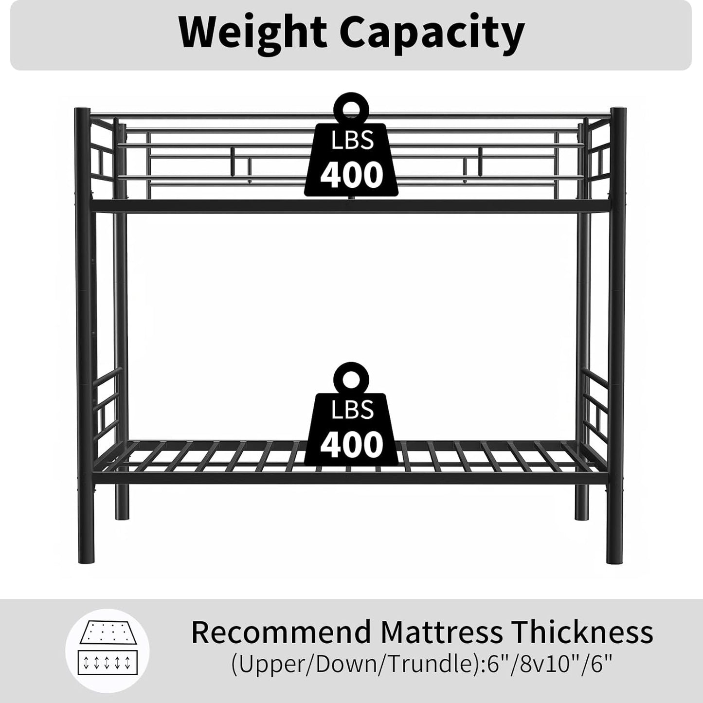 Metal Twin Over Full Bunk Bed, Heavy Duty Bunk Beds with Safety Guardrail and Ladder, Noise Reduction, No Box Spring Needed, Black