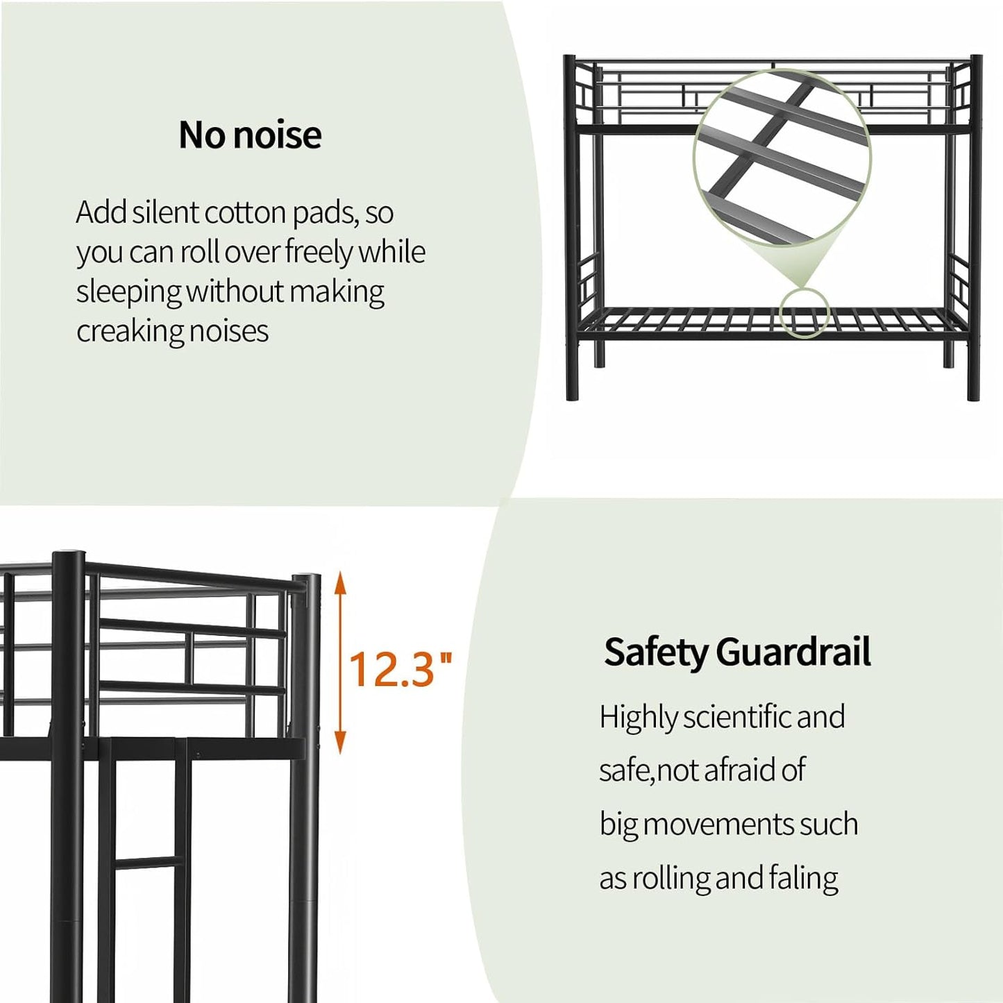 Metal Twin Over Full Bunk Bed, Heavy Duty Bunk Beds with Safety Guardrail and Ladder, Noise Reduction, No Box Spring Needed, Black