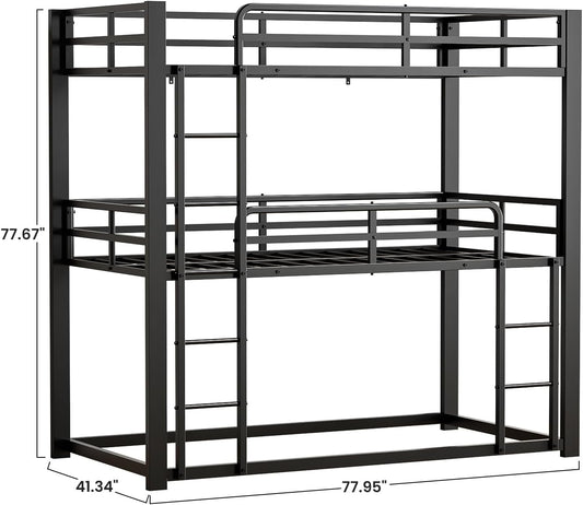 Heavy Duty Triple Bunk Bed, Twin Over Twin Over Twin Metal Bunkbeds with Ladder, Family-Friendly for All Ages, Bedroom, No Box Spring Needed, Easy Assembly, Black